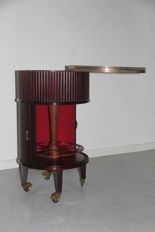 Bar Trolley Swivel Italian Design, 1960 Mahogany Woos Round Brass Midcentury Paolo Buffa
