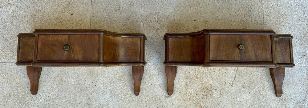 French Wall Bedside Tables In Walnut, 1920s, Set Of 2 photo vintage