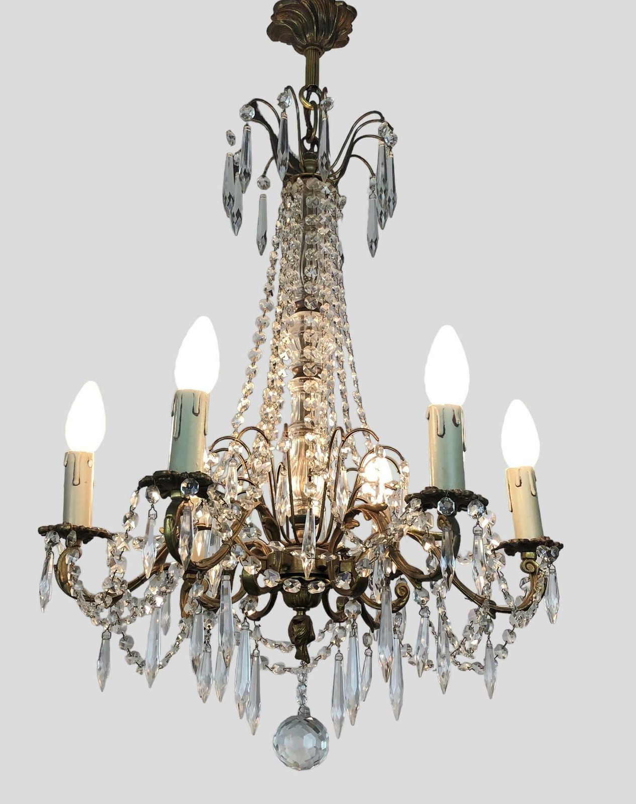 photo buy Large Gilt Bronze 6 Arm Chandelier Crystal Droplets & Swags