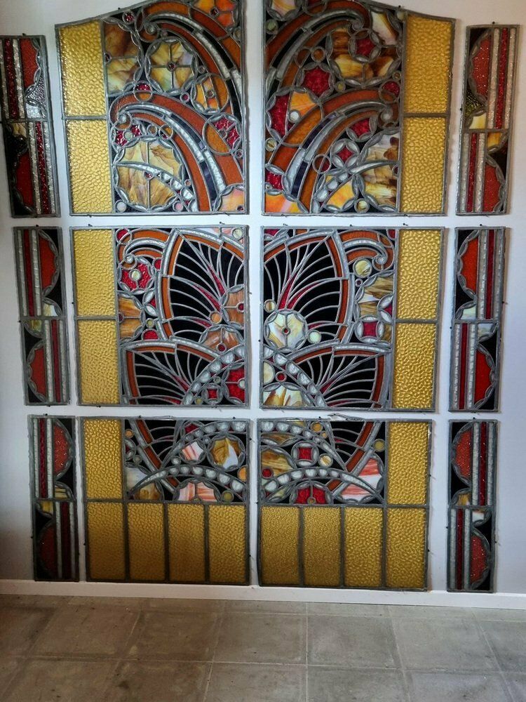 Large Art Deco Architectural Stained Glass Window Panels, 1920s, Set Of 12 photo furniture