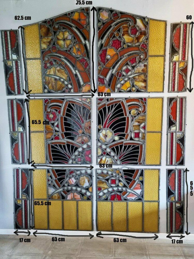 Large Art Deco Architectural Stained Glass Window Panels, 1920s, Set Of 12 photo 4350.0