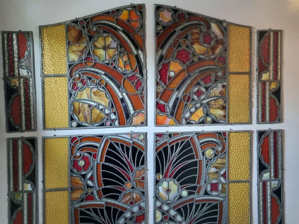 photo furniture Large Art Deco Architectural Stained Glass Window Panels, 1920s, Set Of 12