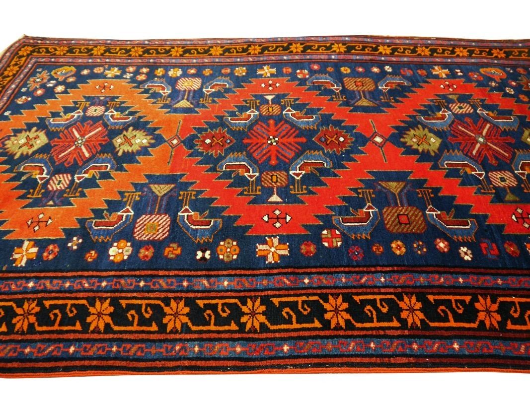 Antique Krabagh Kazak Rug Achma Yumma Red Orange Blue photo vinterior