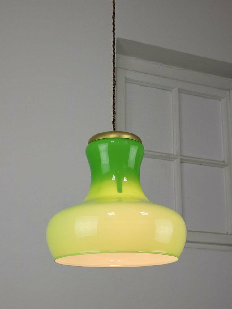 Large Mid Century Italian Brass And Glass Pendant Lamp photo vintage