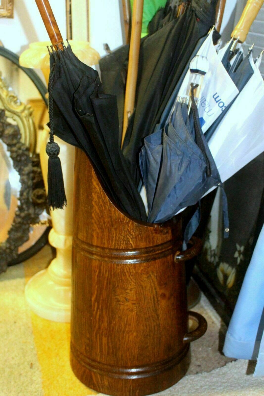 Antique Scandinavian Oak Umbrella Stick Holder Large Wooden Jug C photo 180.0