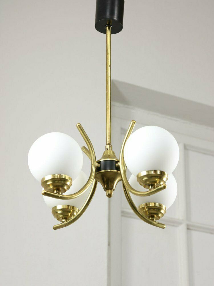 Mid Century Italian Brass And Opaline Chandelier