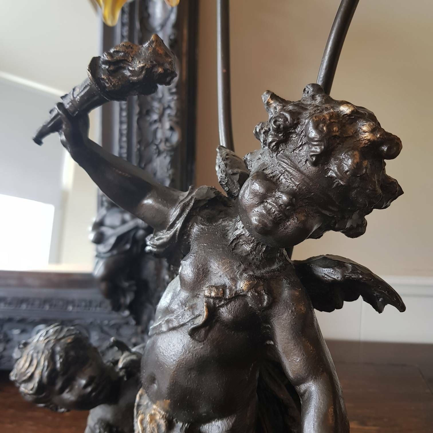 Vintage Franse Lamp, Tafellamp, Woondecoratie, Interieur, Bruine Kap, Lamp Met 2 Figurenbeelden, Putti, Cherubijnen, Engelenlamp, Verzamelobject photo vintage