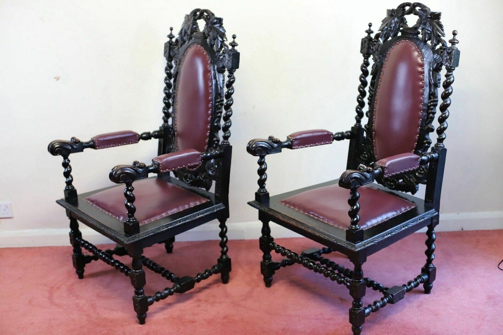 Beautiful Pair Of Victorian Carolean Open Armchairs photo vintage