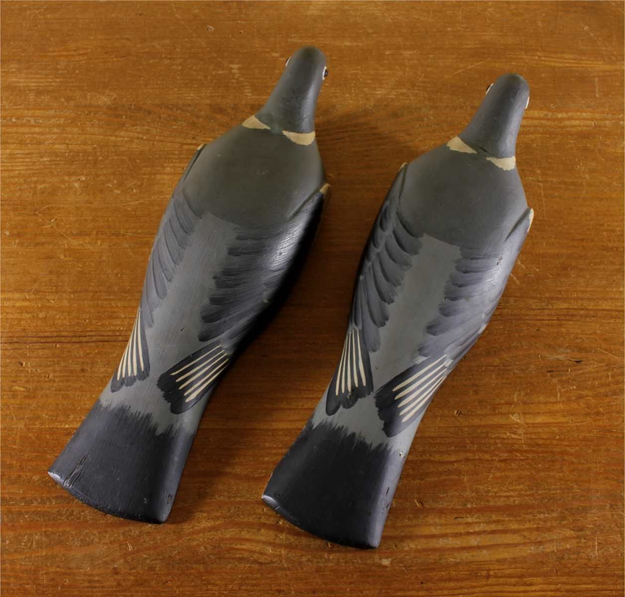 photo buy Two Wooden Decoy Pigeons. Ted Grace English Folk Art Birds. 1950's.