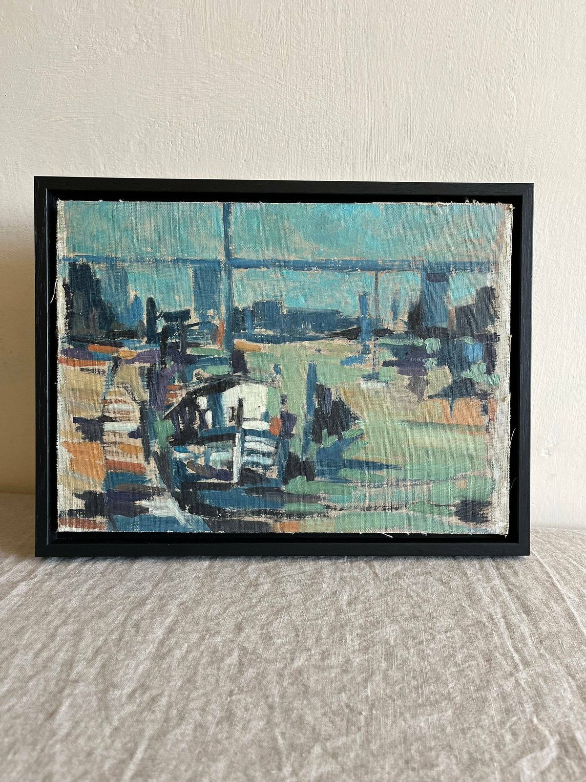 Mid Century Oil Painting Of Harbour Of Water Bay River Side In Blue Tones, Semi Abstract Artwork, Framed In A Tray Frame photo furniture