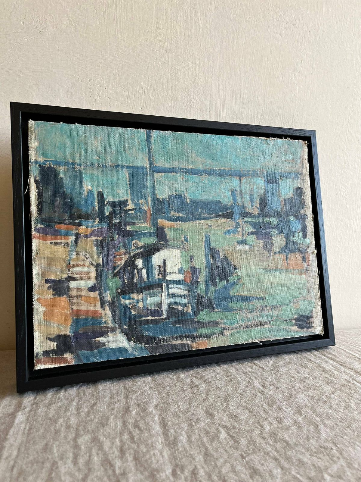 Mid Century Oil Painting Of Harbour Of Water Bay River Side In Blue Tones, Semi Abstract Artwork, Framed In A Tray Frame photo buy