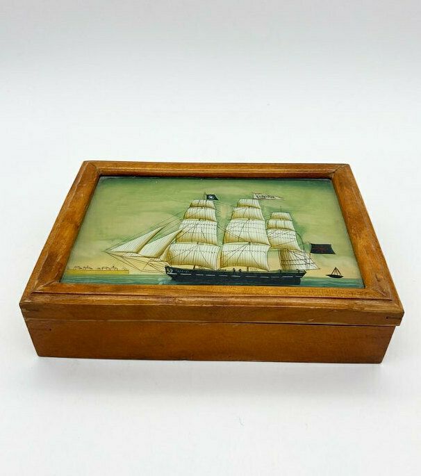 Vintage Small Wooden Box With Clipper Ship On Lid, Jewellery Box, photo furniture