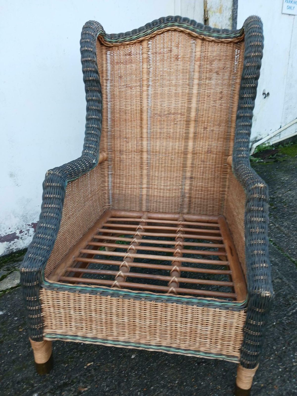 1980's Vintage Rattan Wing Arm Chair photo for sale