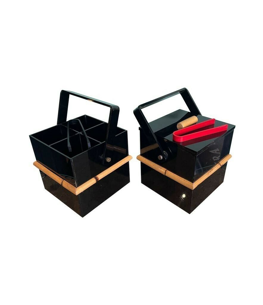 A 1970s Italian Bar Set Comprising An Ice Bucket With Lid And Bottle Holder In Black Perspex With Bamboo Detail