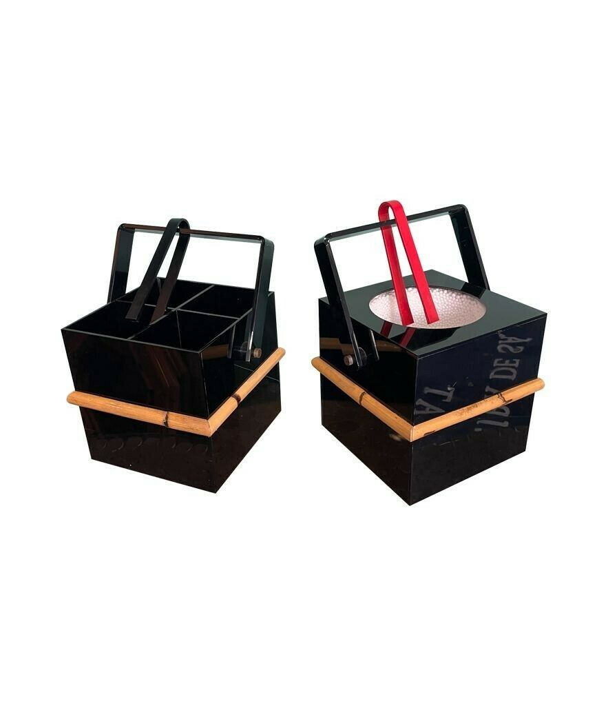 A 1970s Italian Bar Set Comprising An Ice Bucket With Lid And Bottle Holder In Black Perspex With Bamboo Detail photo furniture
