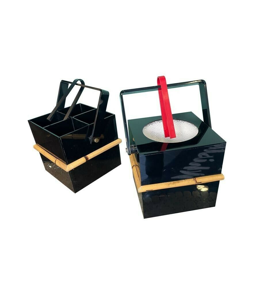 A 1970s Italian Bar Set Comprising An Ice Bucket With Lid And Bottle Holder In Black Perspex With Bamboo Detail photo vintage
