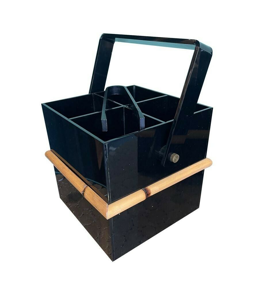 photo vinterior A 1970s Italian Bar Set Comprising An Ice Bucket With Lid And Bottle Holder In Black Perspex With Bamboo Detail