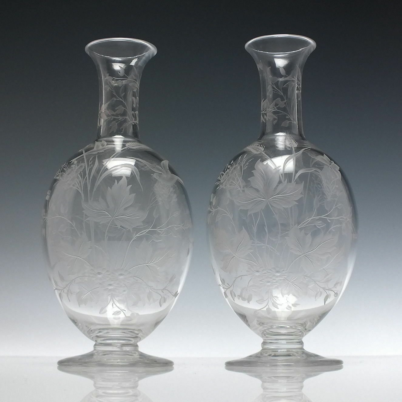 Pair Victorian Thomas Webb Engraved Glass Wine Carafes C1875