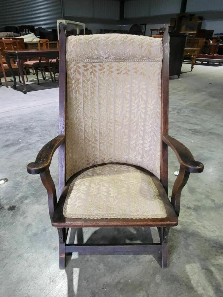 Antique Edwardian High Back Wood Frame Arm Chair Gold Fabric