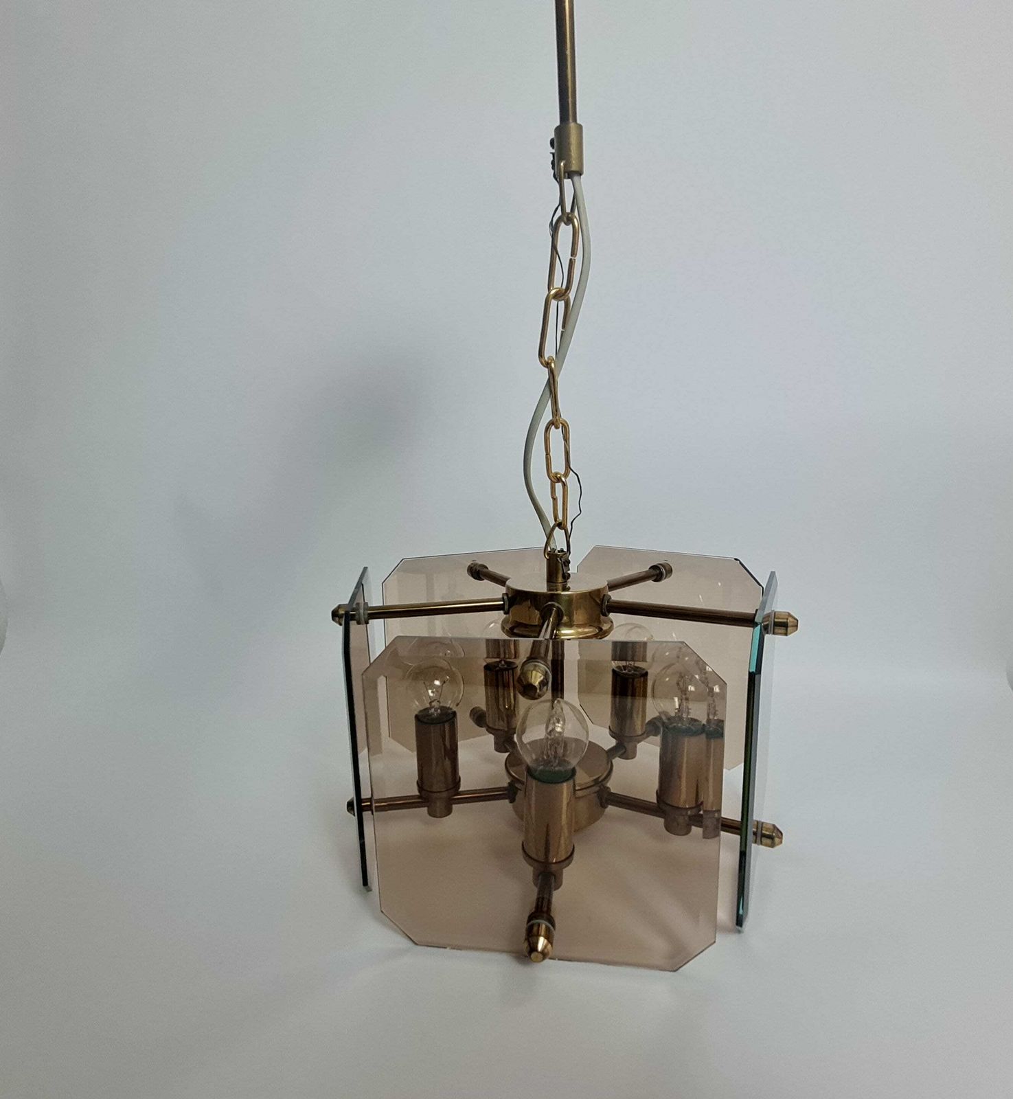 Vintage Mid Century Modern Ceiling Smoky Glass And Brass Chandelier 80s photo for sale