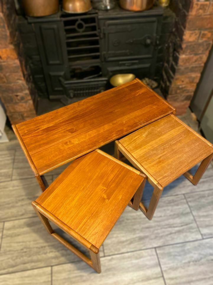 Trio Of Solid Teak Mid Century Vintage Retro Side Tables Expertly Finished. photo Furniture