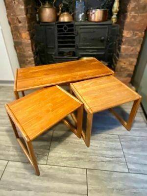 Trio Of Solid Teak Mid Century Vintage Retro Side Tables Expertly Finished. photo vintage