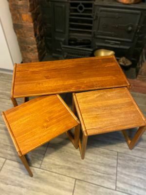photo for sale Trio Of Solid Teak Mid Century Vintage Retro Side Tables Expertly Finished.