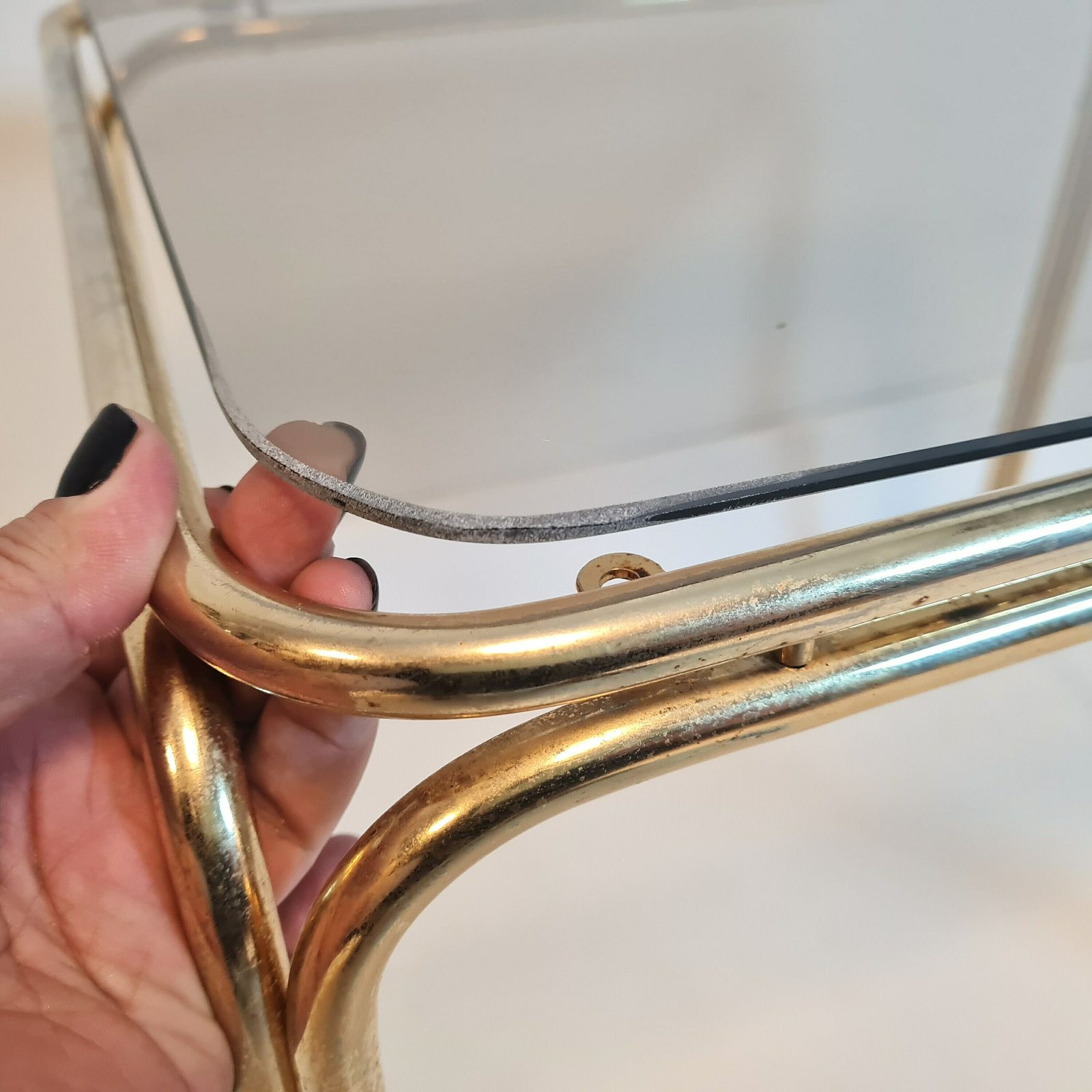 photo for sale Vintage Mid Century Modern Brass And Smoky Glass Table