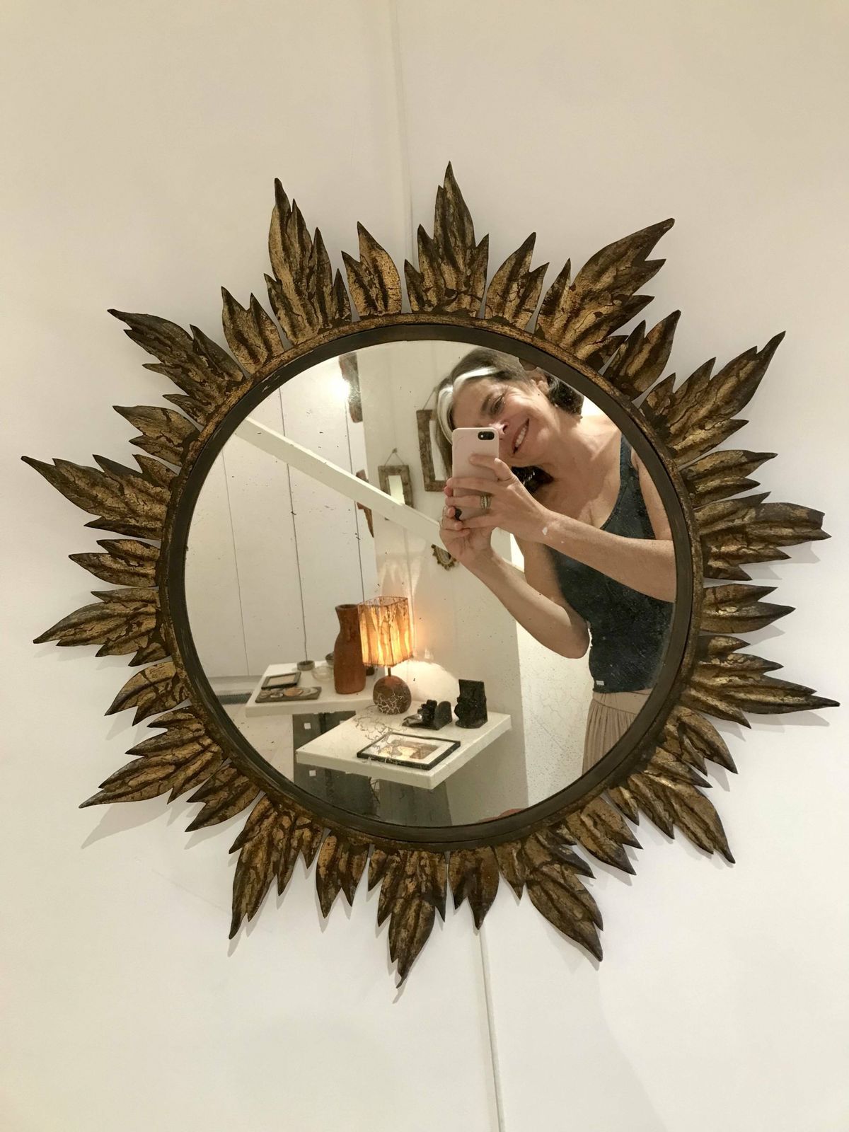 Sun Mirror Decorated With Golden Leaves, Circa 1950. photo for sale