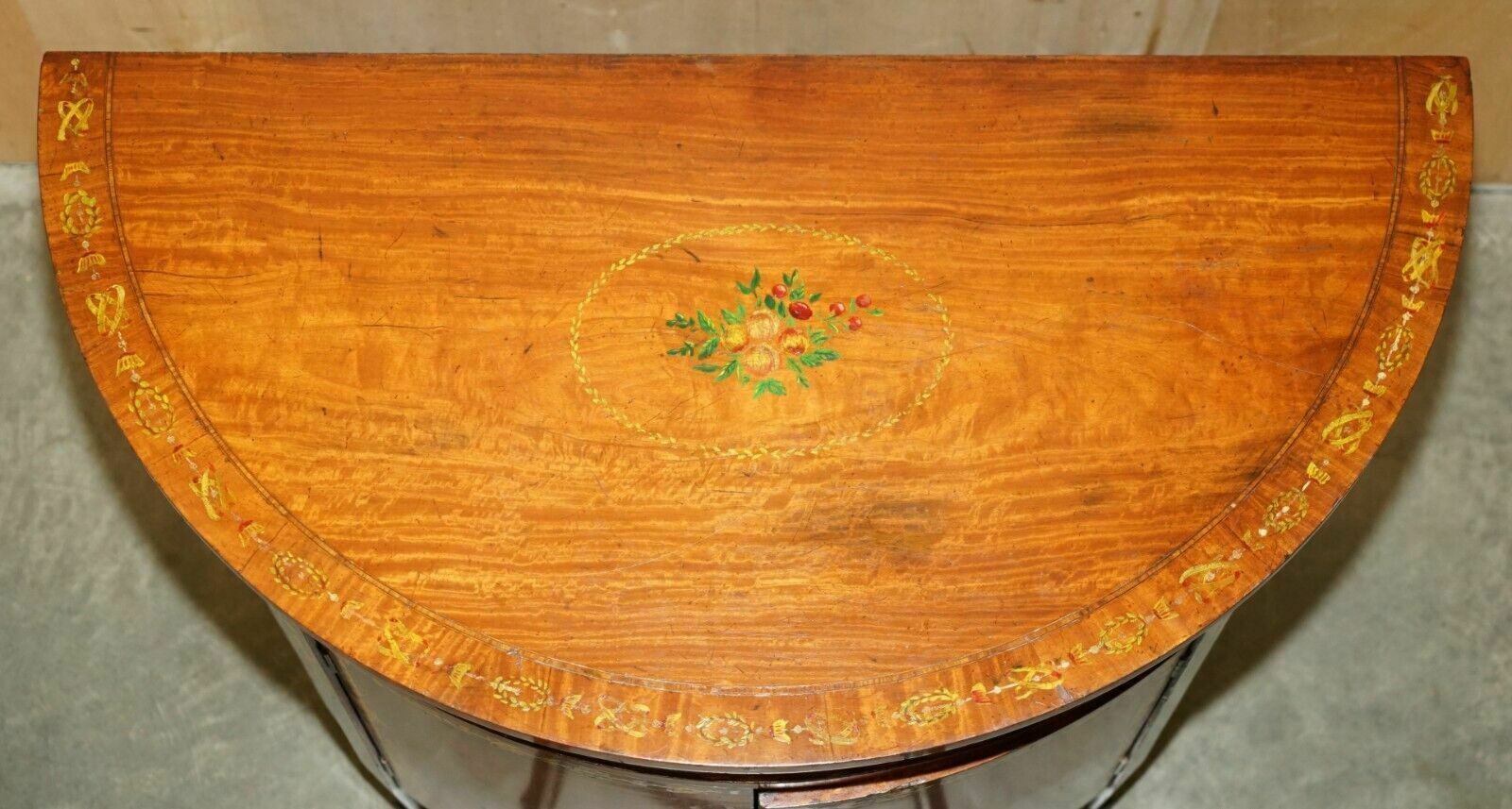 photo for sale Pair Of Stunning Antique Adams Sheraton Painted Demi Lune Sideboard Cupboards