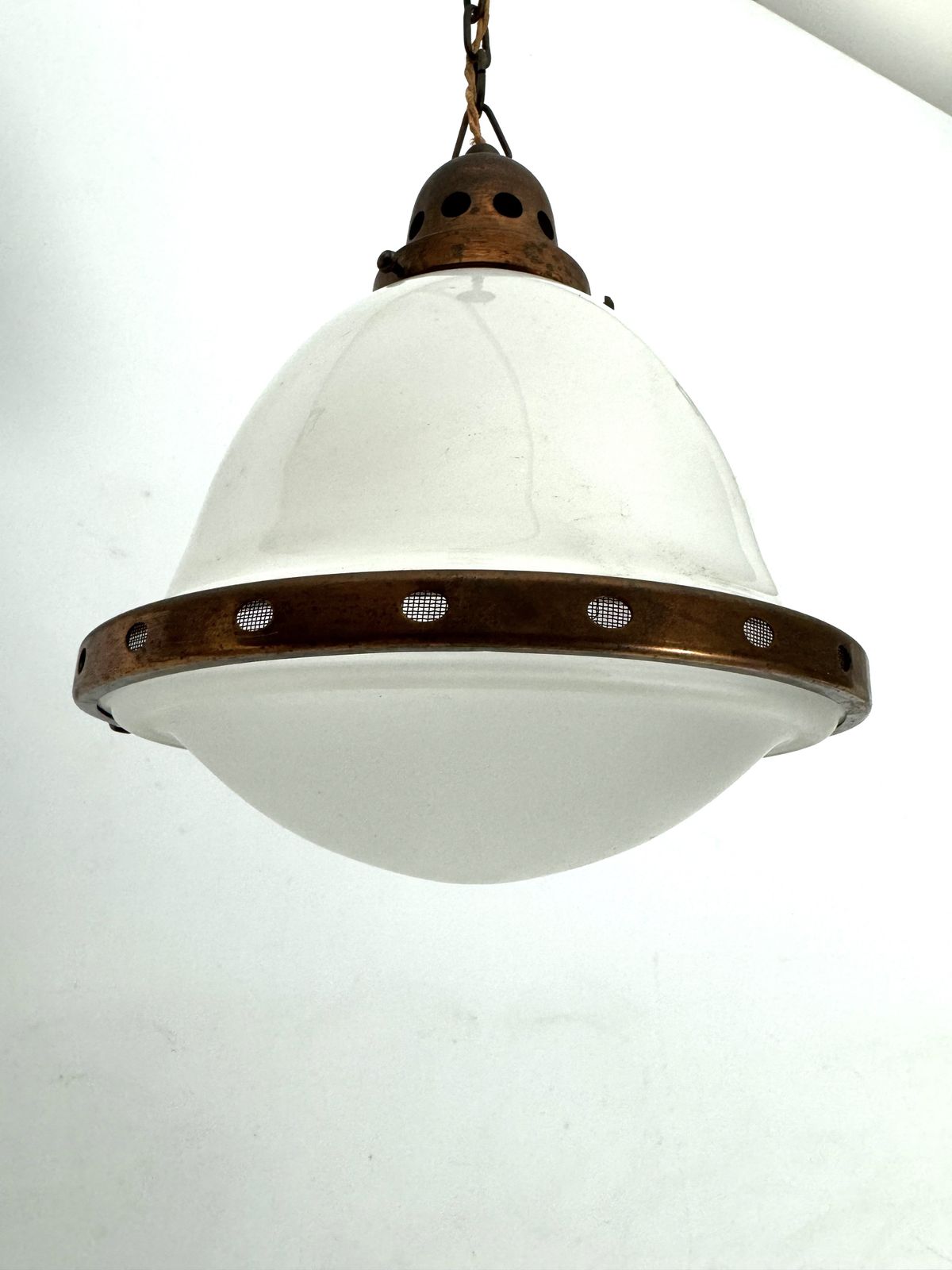 Industrial Chandelier In Copper And Milk Glass. Italy 1950s photo furniture