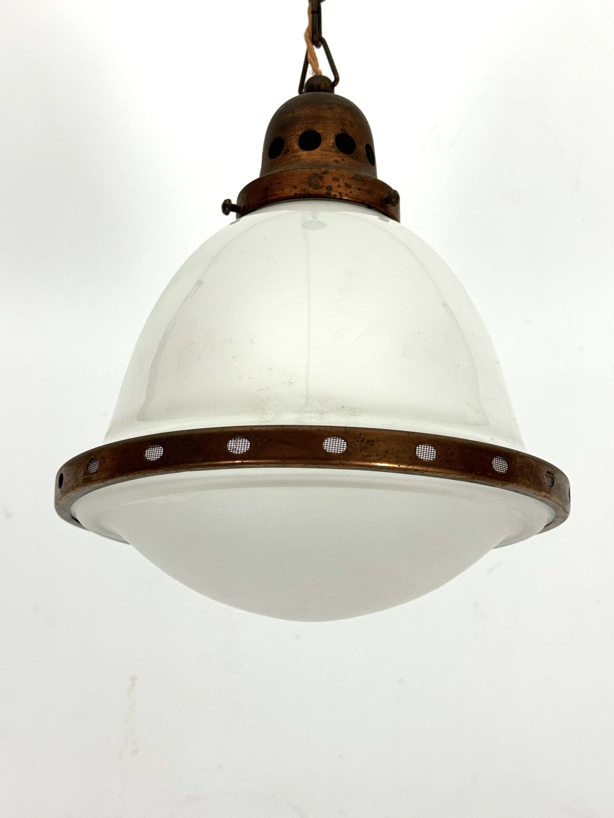 Industrial Chandelier In Copper And Milk Glass. Italy 1950s photo vinterior