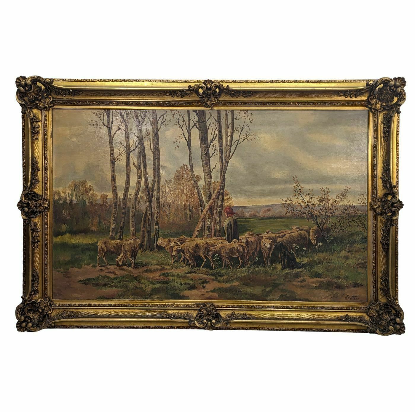 Large 19th Century Pastoral Scene Painting In A Large Winged Frame