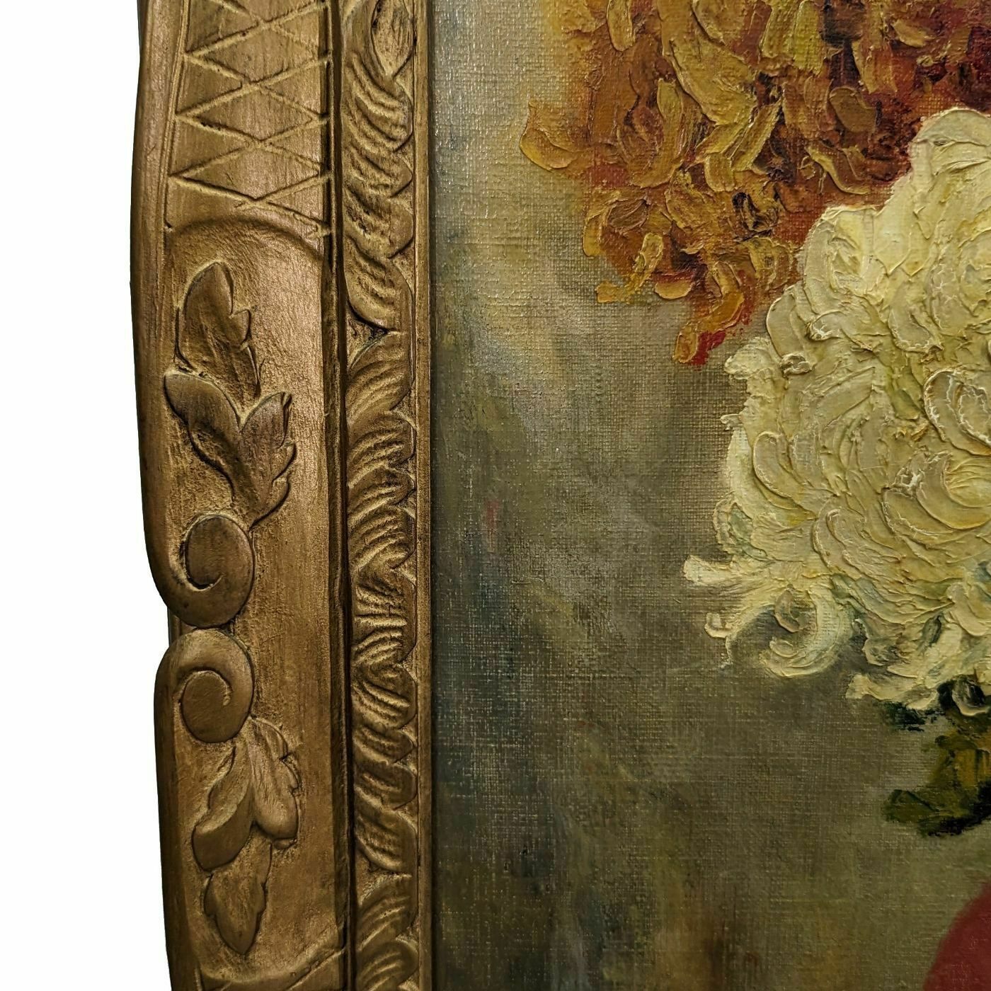 Oil On Canvas With Chrysanthemums By F Maury Dated 1930 photo vinterior