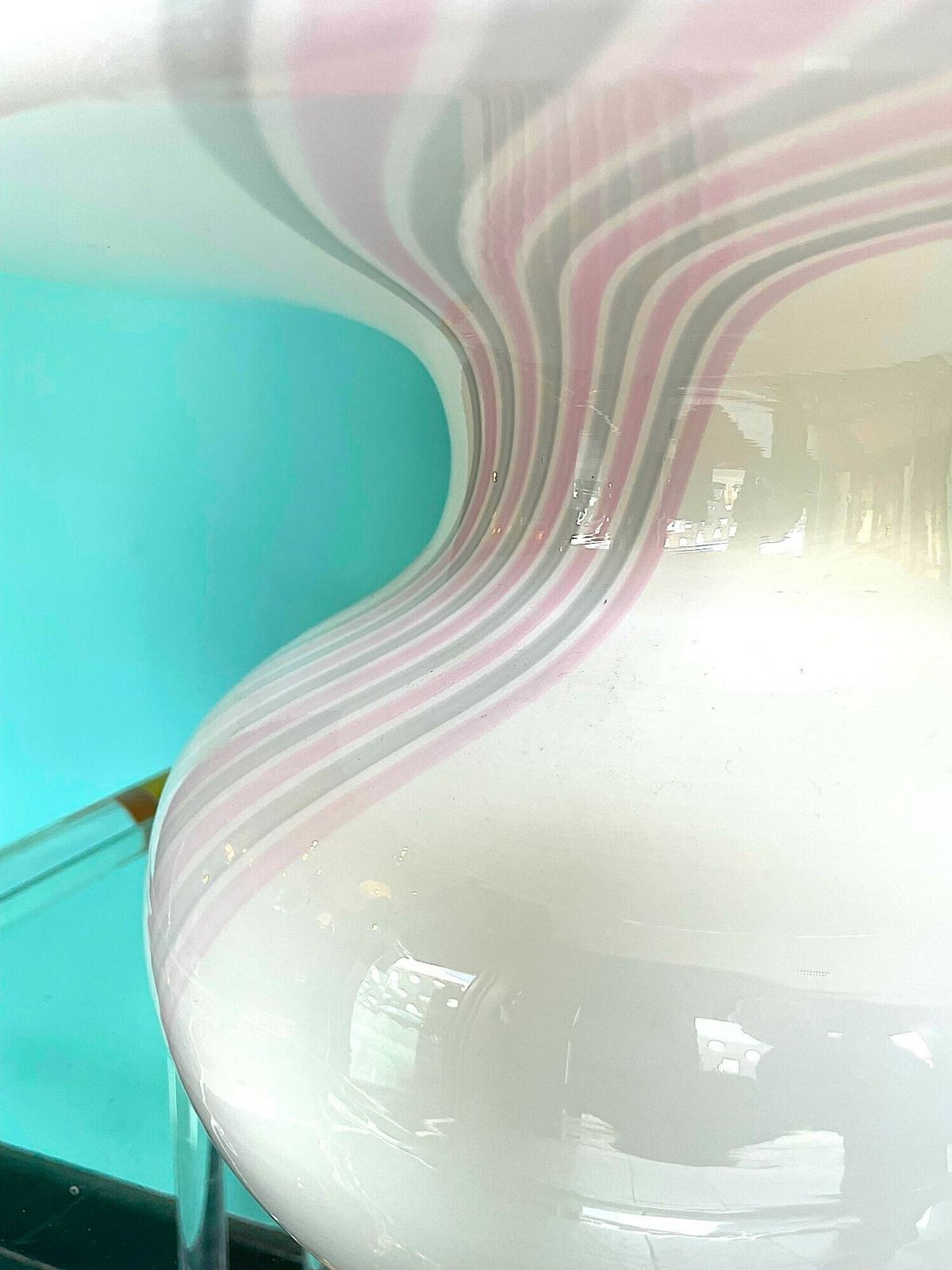 A Large 1980s Handmade Murano Glass White Mushroom Lamp With Pink And Grey Striped Detail photo vintage
