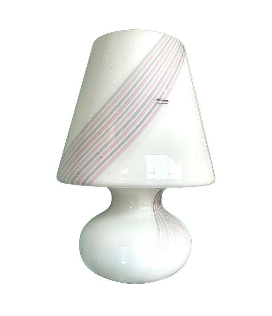 photo furniture A Large 1980s Handmade Murano Glass White Mushroom Lamp With Pink And Grey Striped Detail