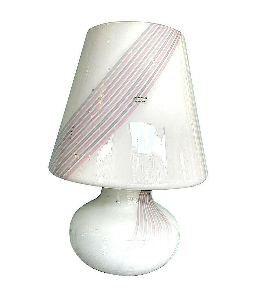 Lighting A Large 1980s Handmade Murano Glass White Mushroom Lamp With Pink And Grey Striped Detail photo