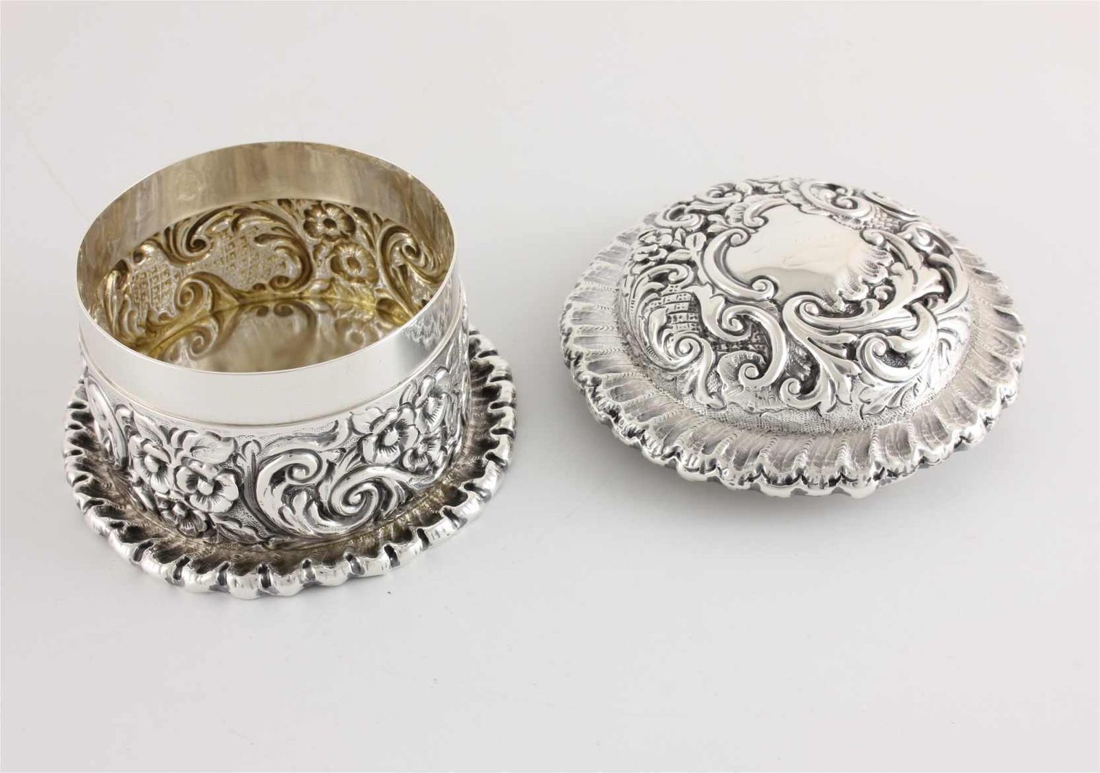 Silver Jewellery Box. Repousse Lidded Trinket Pot. Mappin Brothers. 1895. photo for sale