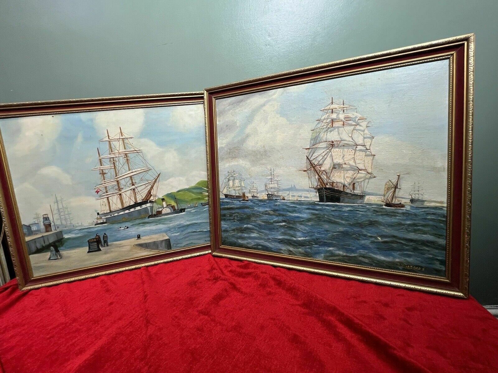 Pair Of Maritime Oil Paintings Of Masted Scooner Sailing Ships Signed B Maddocks photo for sale