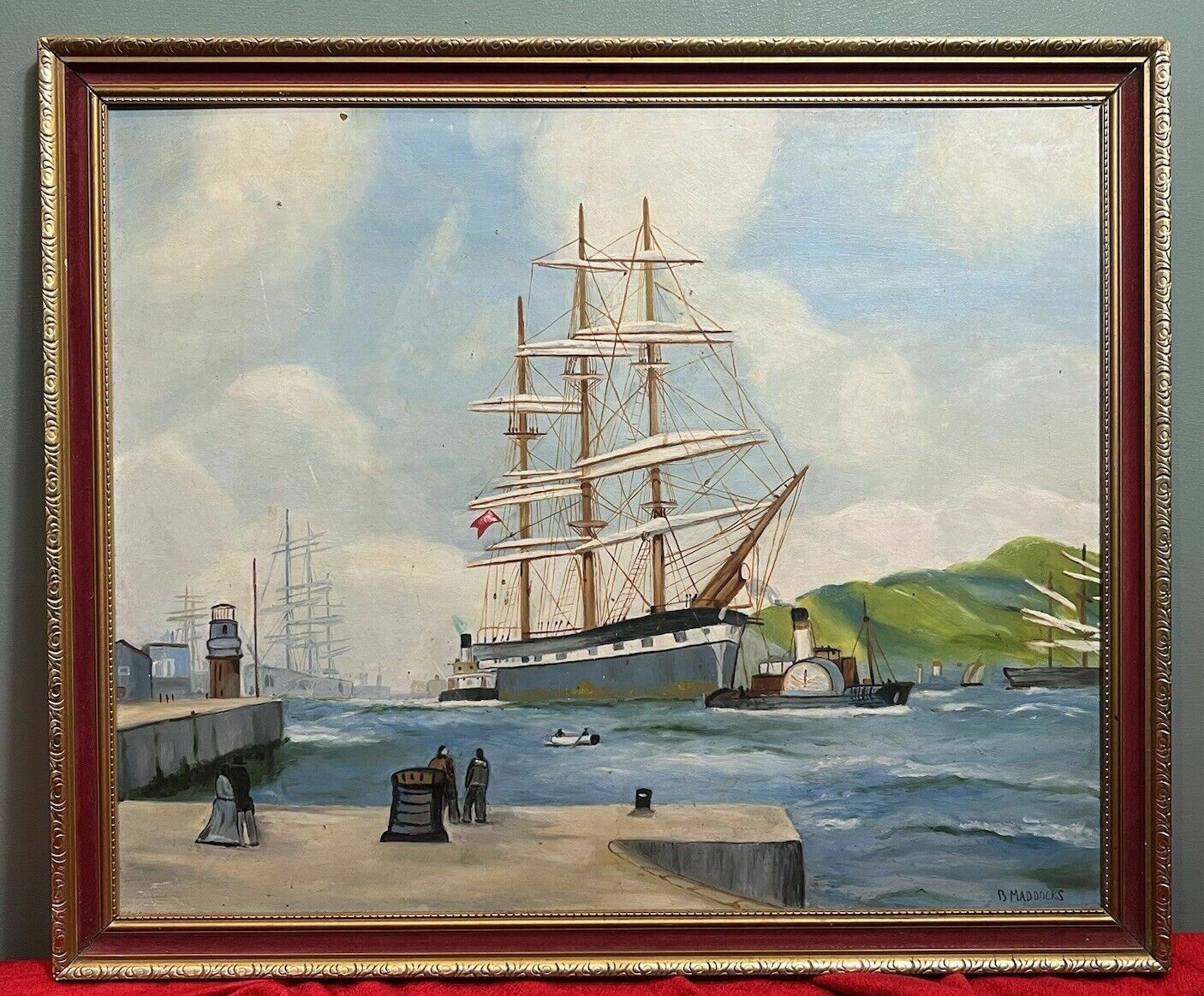 Art Pair Of Maritime Oil Paintings Of Masted Scooner Sailing Ships Signed B Maddocks photo
