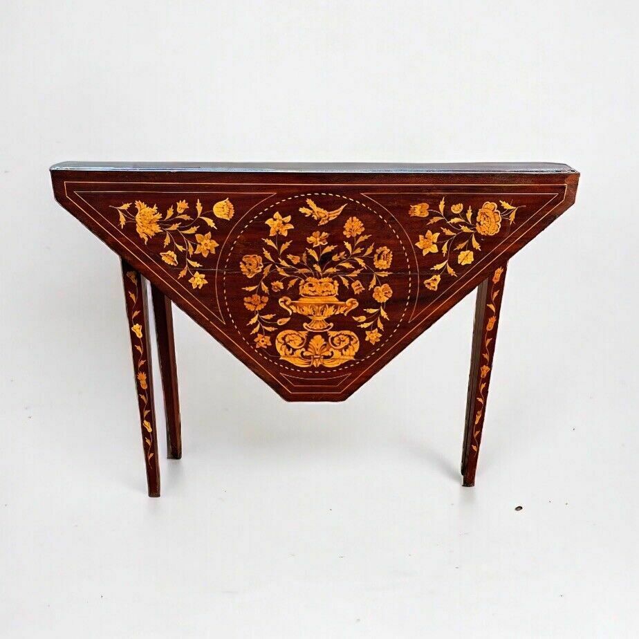 Antique Dutch Marquetry Games Table With Fold Over Lid & Card Playing Area