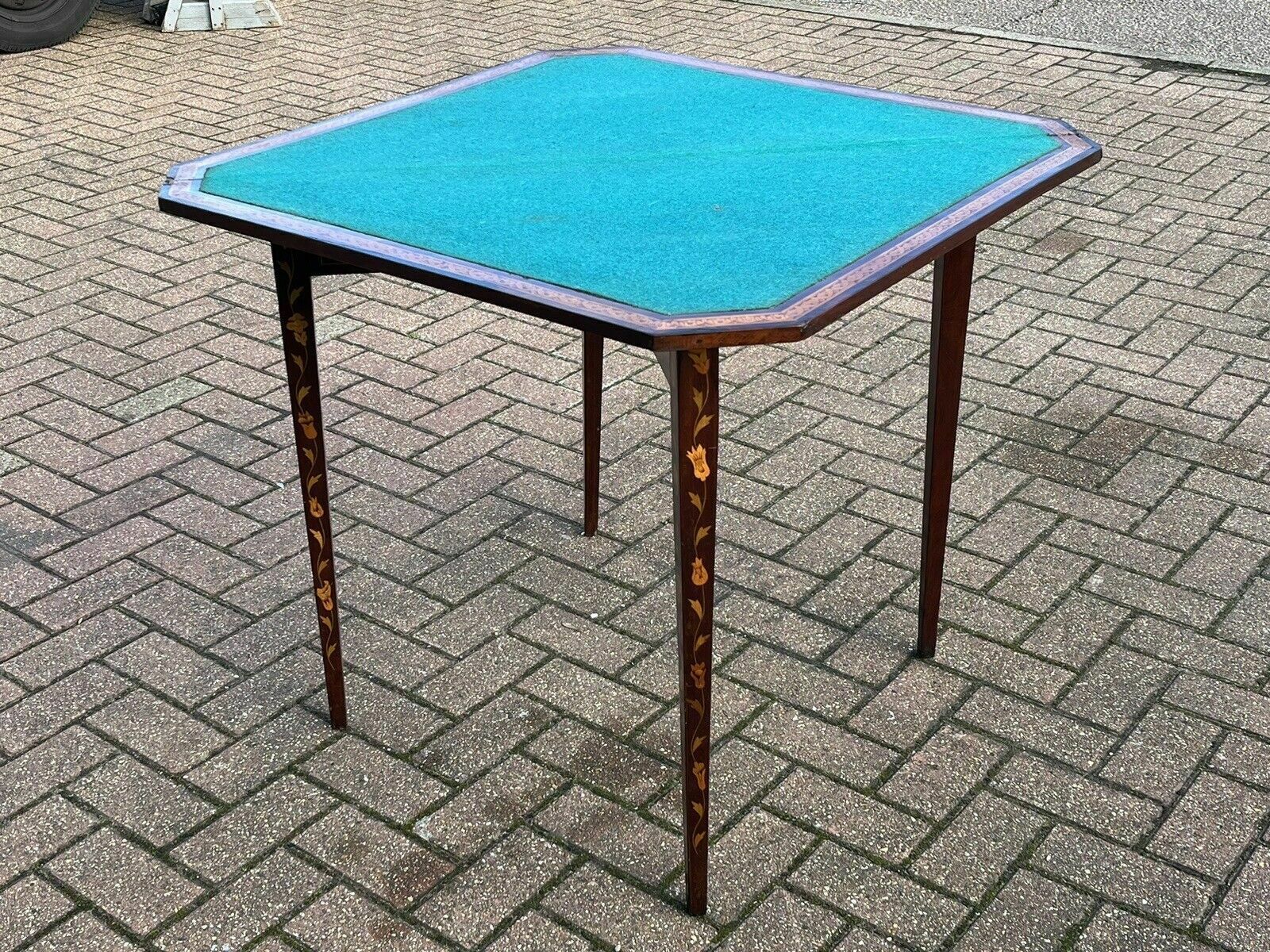 photo for sale Antique Dutch Marquetry Games Table With Fold Over Lid & Card Playing Area