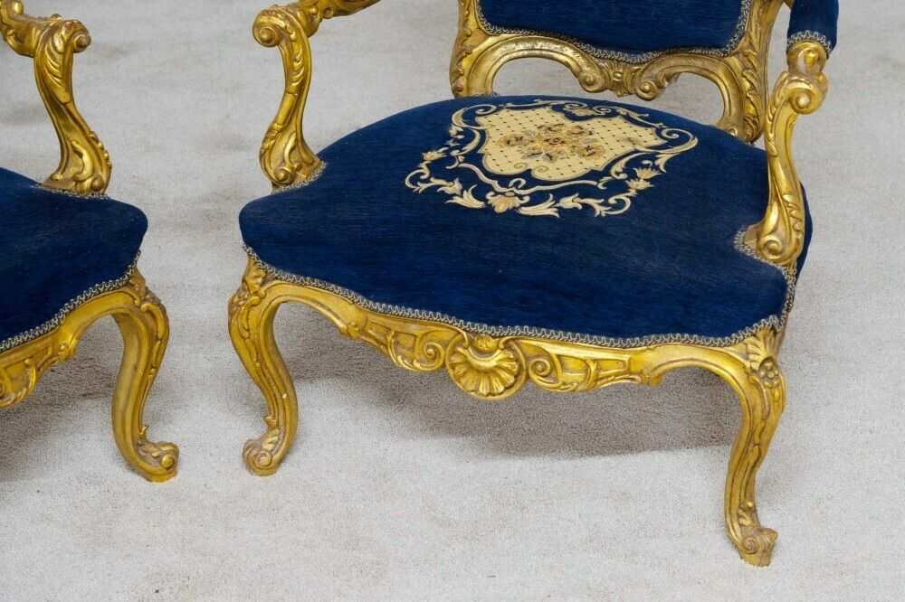 Pair Vintage Gilt Arm Chairs French Salon Fauteuil photo for sale