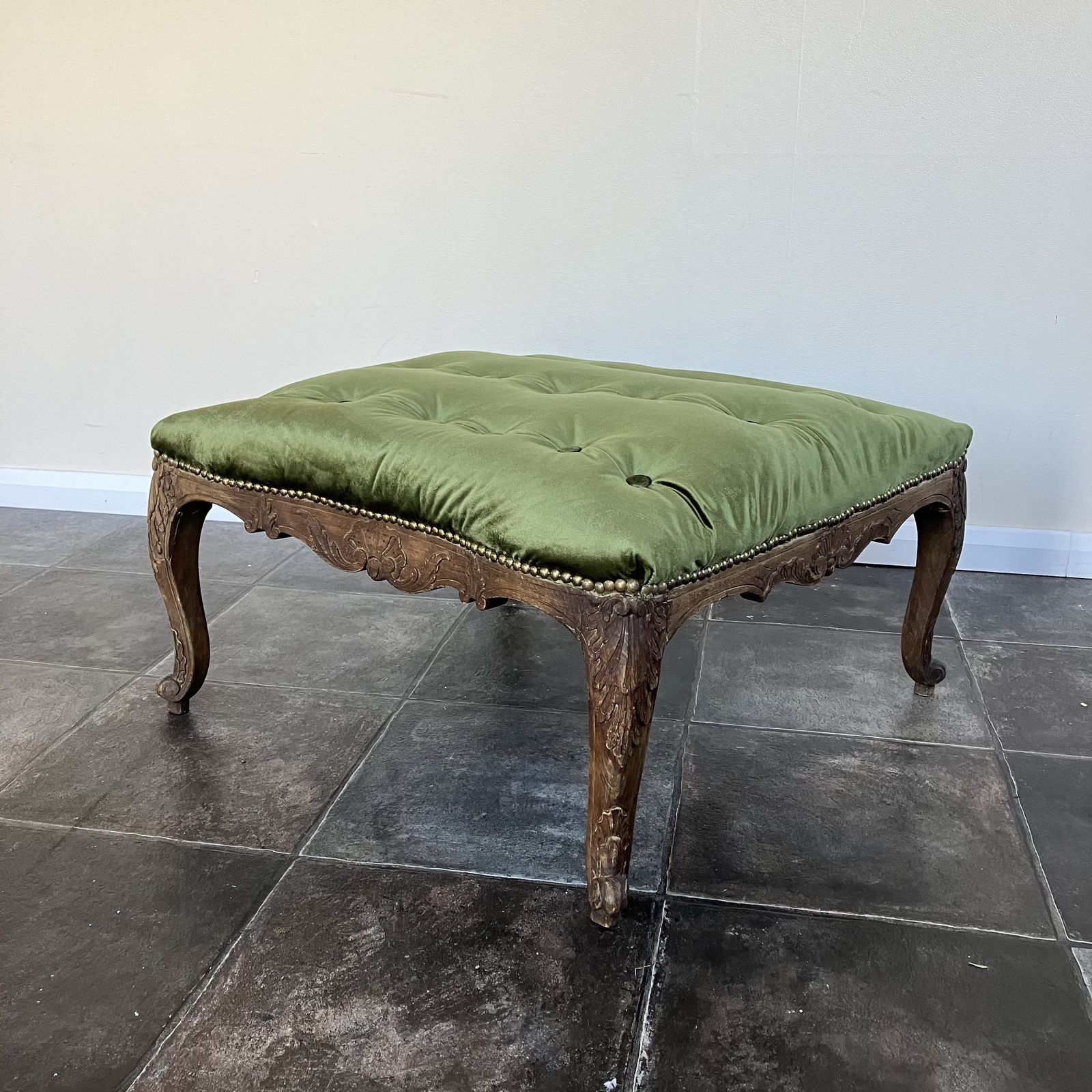 Beautiful 19th Century French Style Large Beechwood Buttoned Footstool Reupholstered In Sage Green Velvet photo furniture