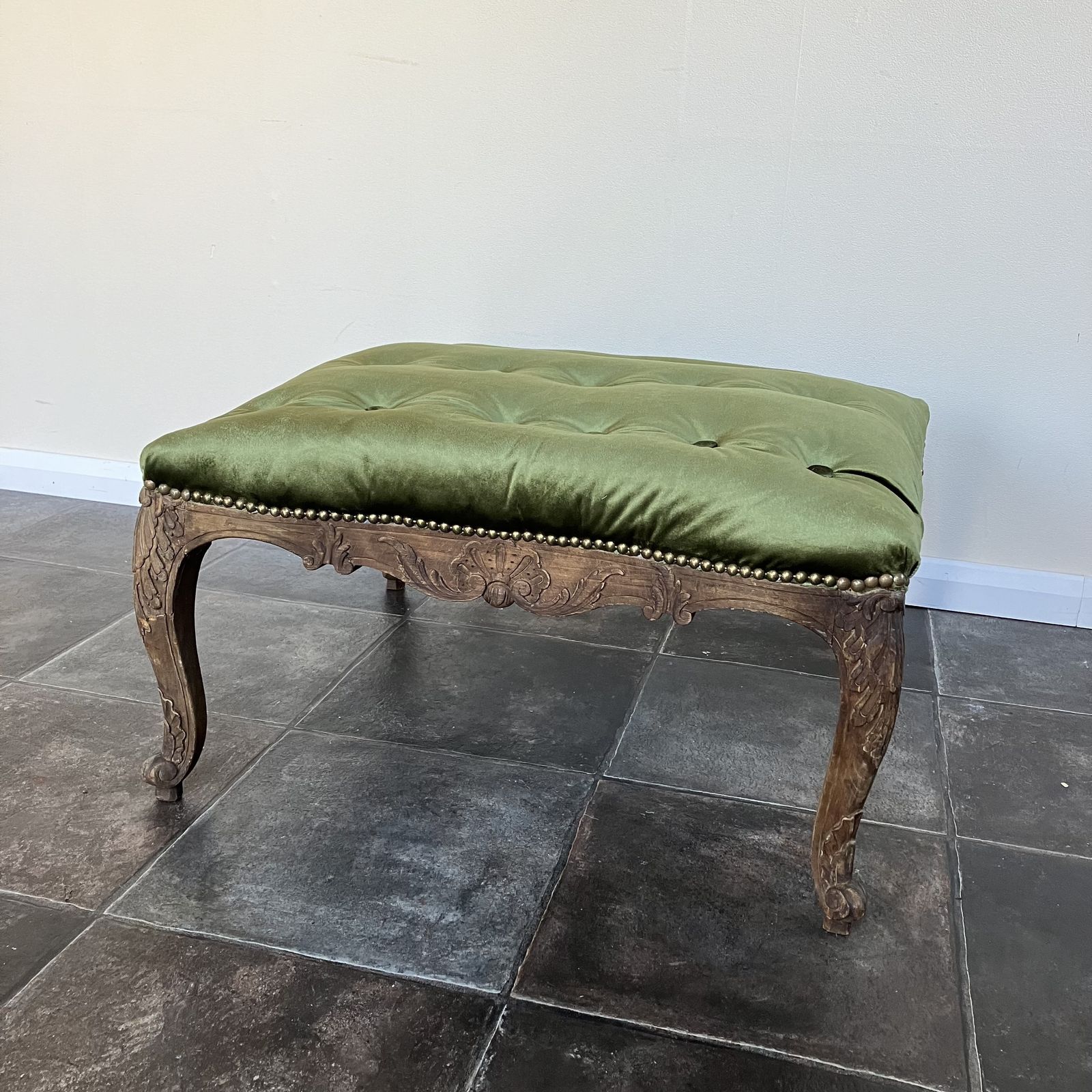 Beautiful 19th Century French Style Large Beechwood Buttoned Footstool Reupholstered In Sage Green Velvet photo for sale