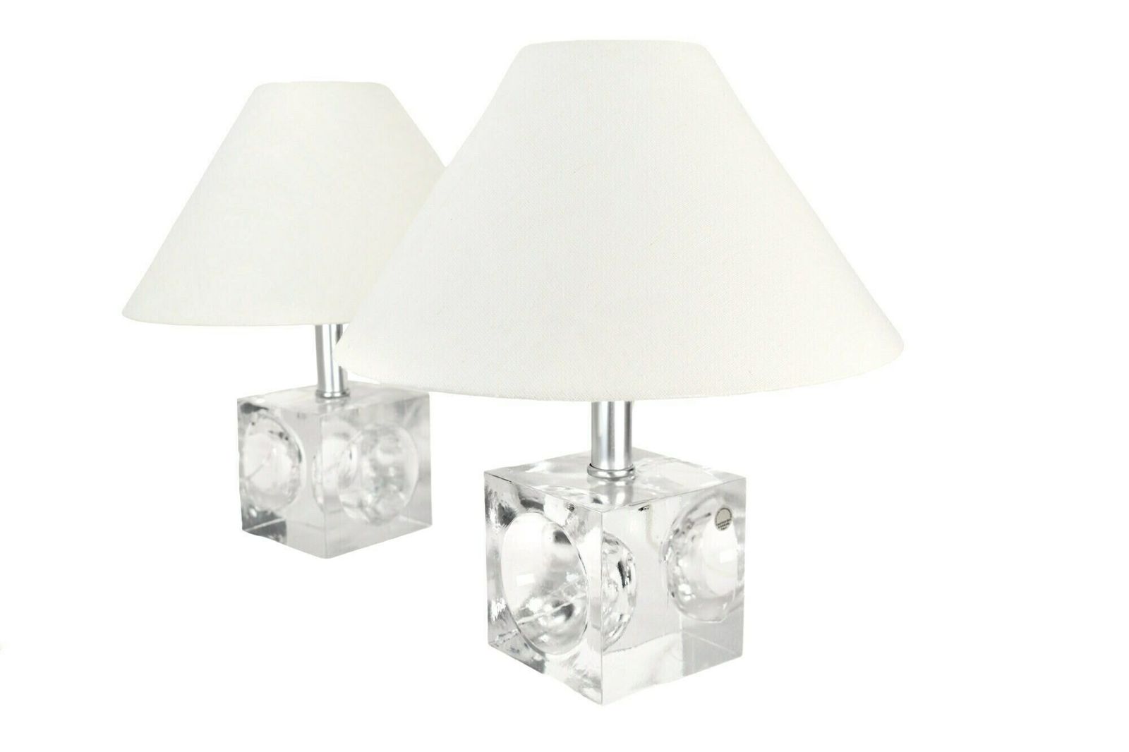 Stunning Set Of Crystal Cubic Modernist Table Lamps | Vintage Postmodern Bedside Accent Lights Mid Century Modern Clear Solid Glass Scandi