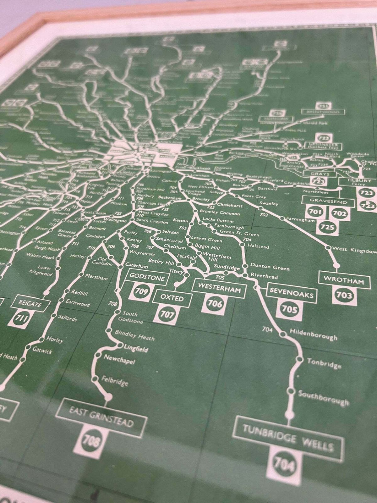 1950's Framed Green Bus Map Of London And Surrounding Areas photo 155.0