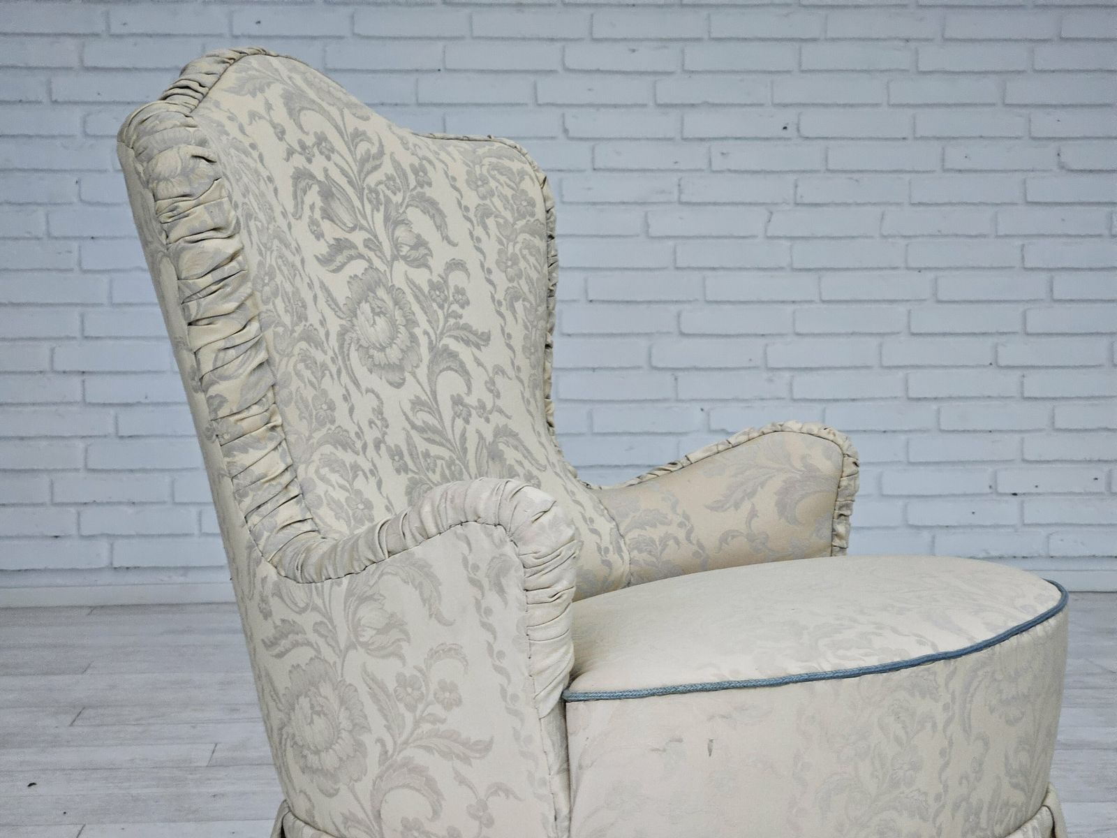 1950s, Danish Armchair, Reupholstered, Creamy/White Floral Fabric. photo furniture