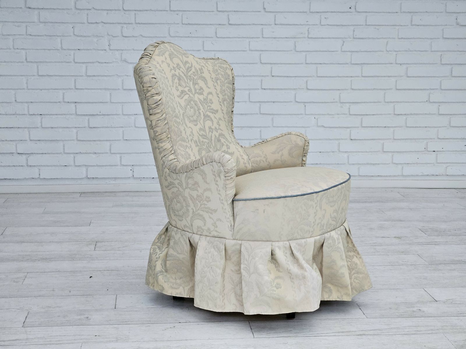 1950s, Danish Armchair, Reupholstered, Creamy/White Floral Fabric. photo Furniture