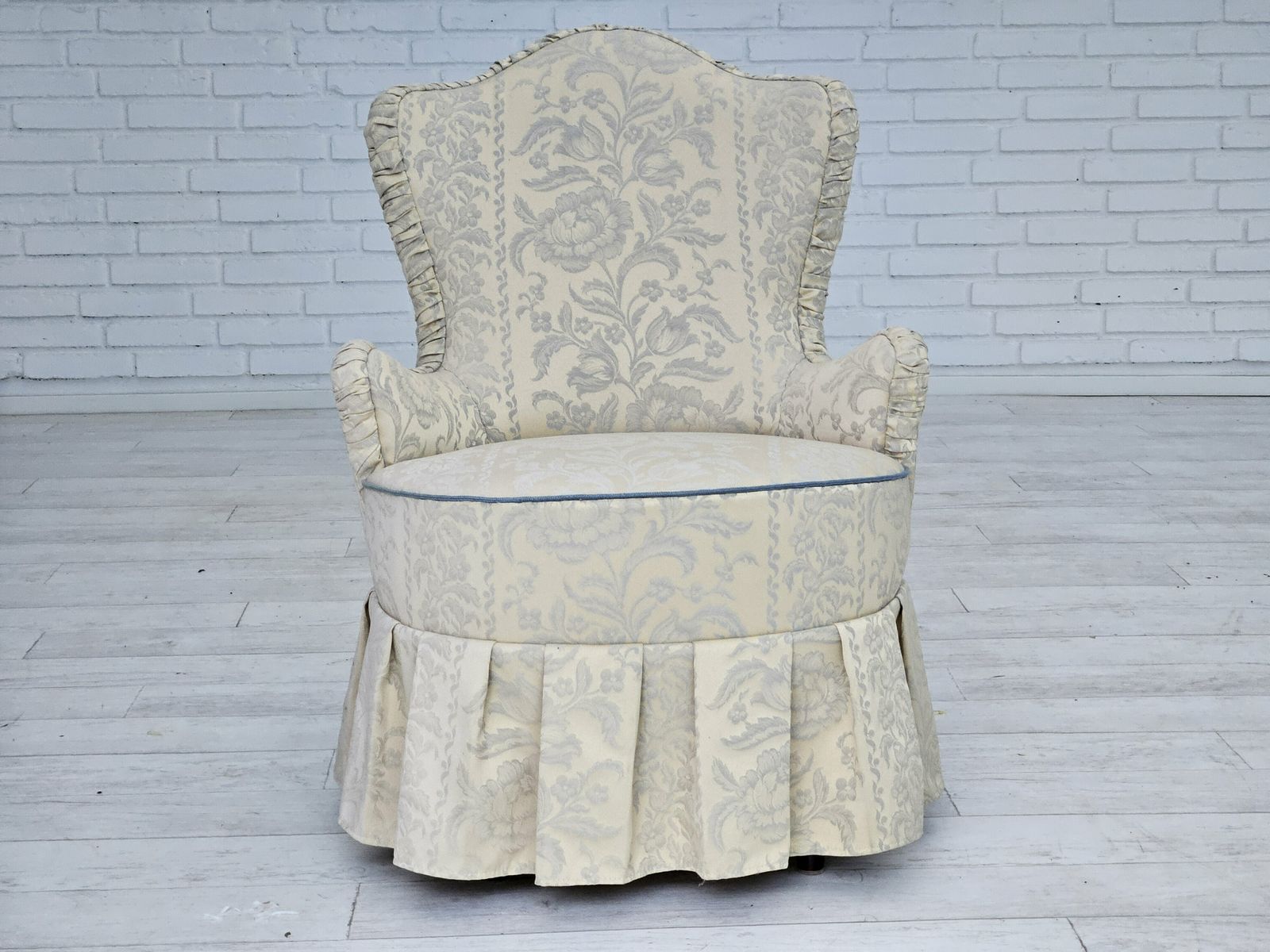 1950s, Danish Armchair, Reupholstered, Creamy/White Floral Fabric. photo vintage